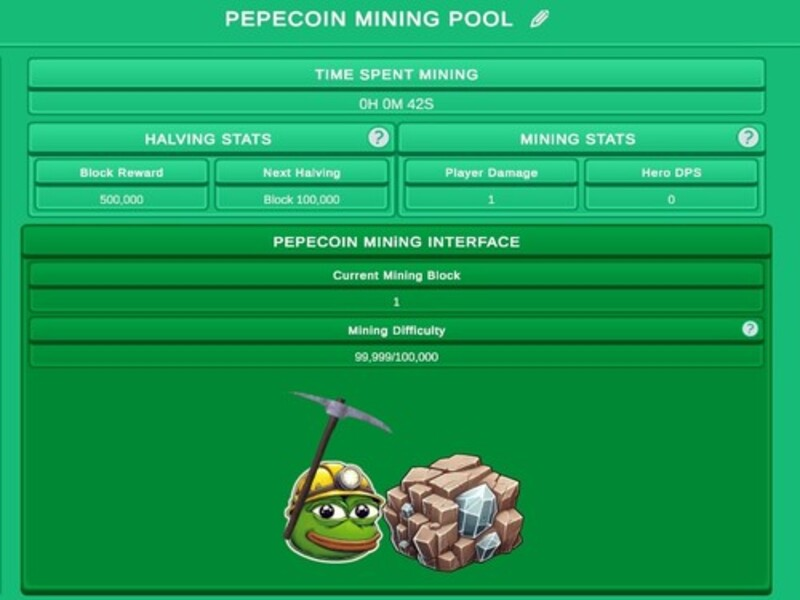 Žaidimas „Pepecoin Miner“ tuščiosios eigos treniruoklis internete